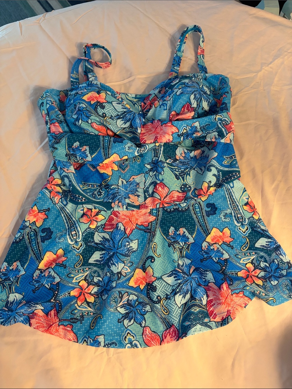 Blue Floral Tankini Top with Adjustable Straps